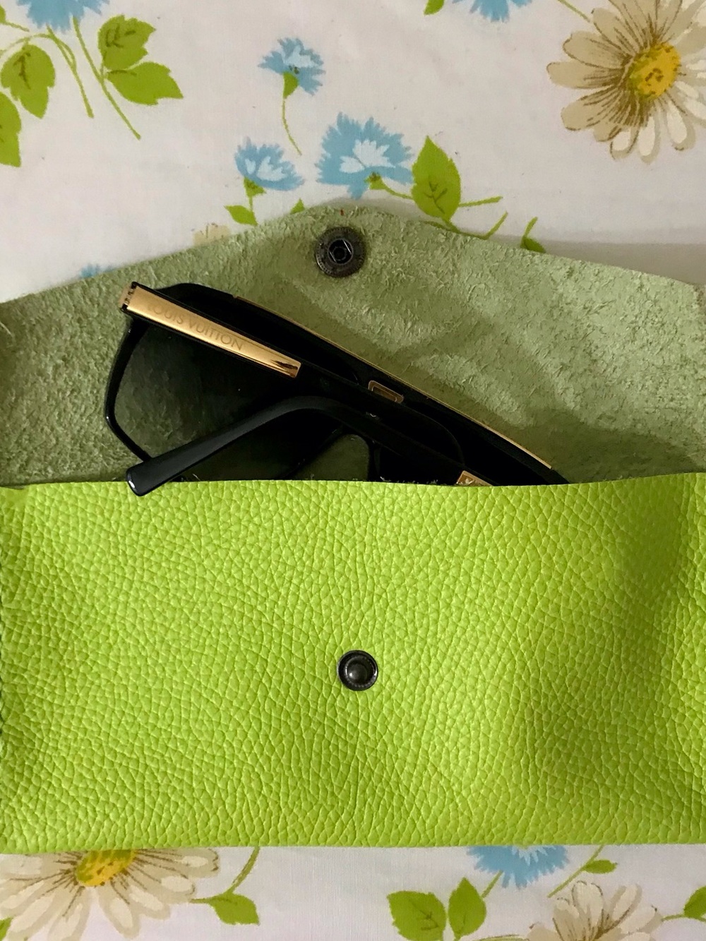 Handmade Genuine Lime Green Textured Leather Sunglasses Pouch with Snap Closure